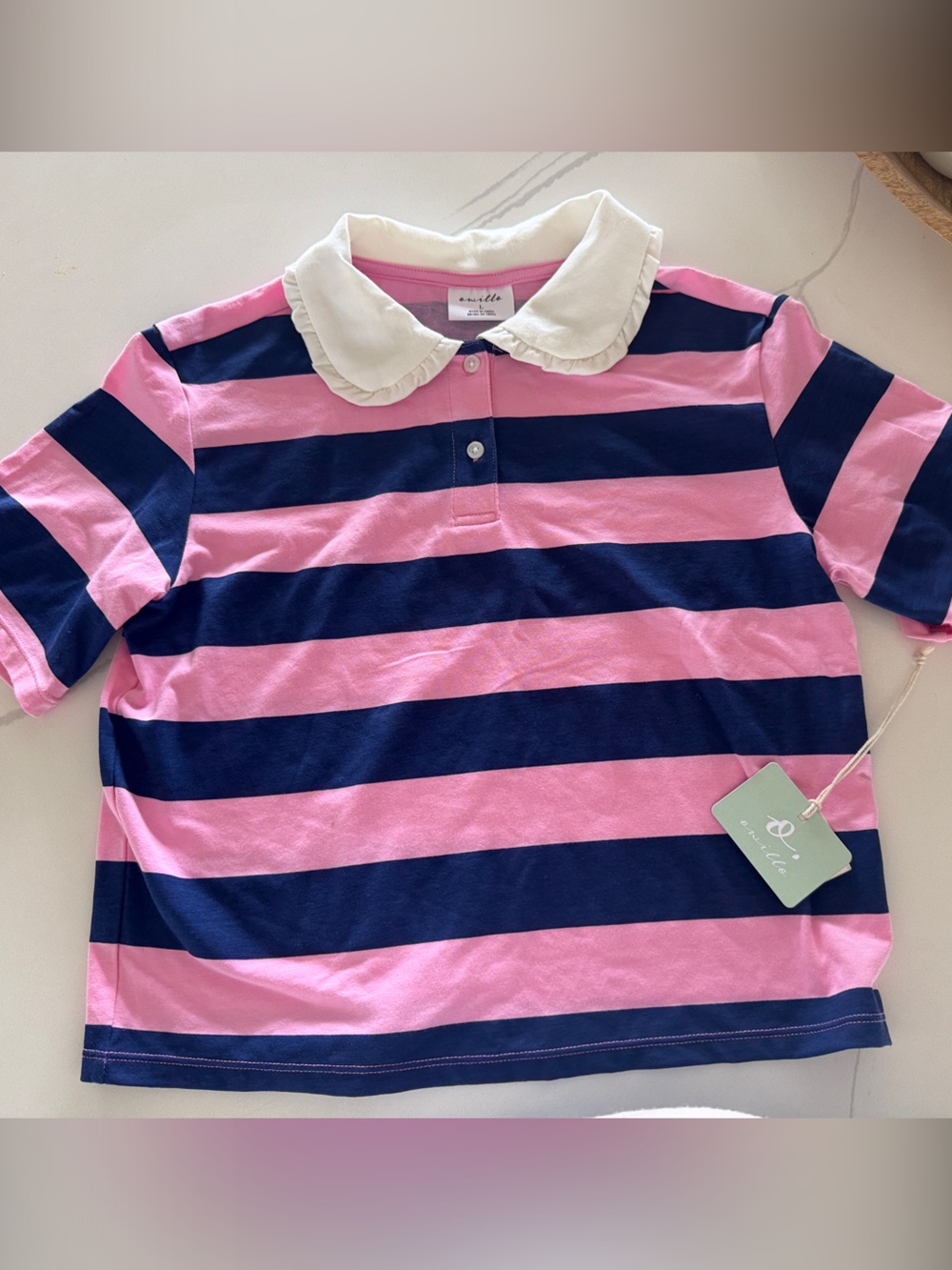 Girls' Striped Polo Top with Ruffled White Collar - Pink & Navy